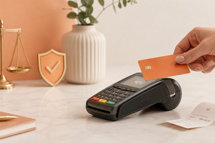 Hand tapping an orange card on a payment terminal, next to a set of brass scales and a receipt