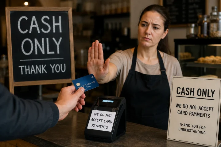 Shop worker holding up a hand to refuse a card, beside a Cash Only sign