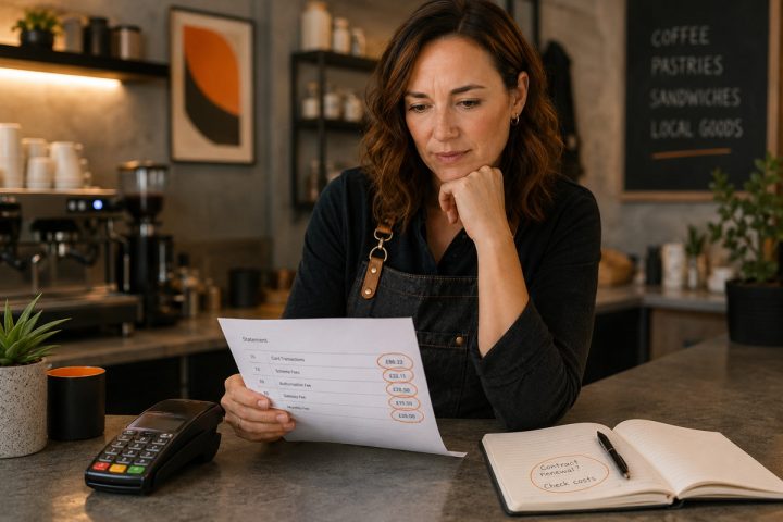 Café owner at her counter reading a card machine statement, with a payment terminal beside her
