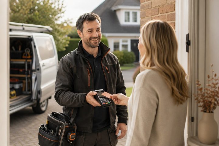 Tradesman at a customer's front door taking a card payment on a handheld terminal, work van behind him