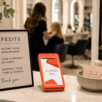 Salon reception desk with a deposits sign and a card reader ready to take a booking payment