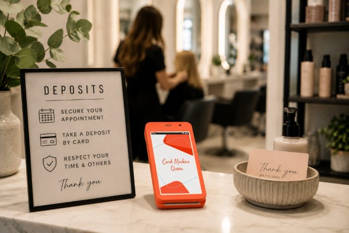 Salon reception desk with a deposits sign and a card reader ready to take a booking payment