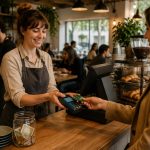 Café barista taking a contactless card payment from a customer at the counter