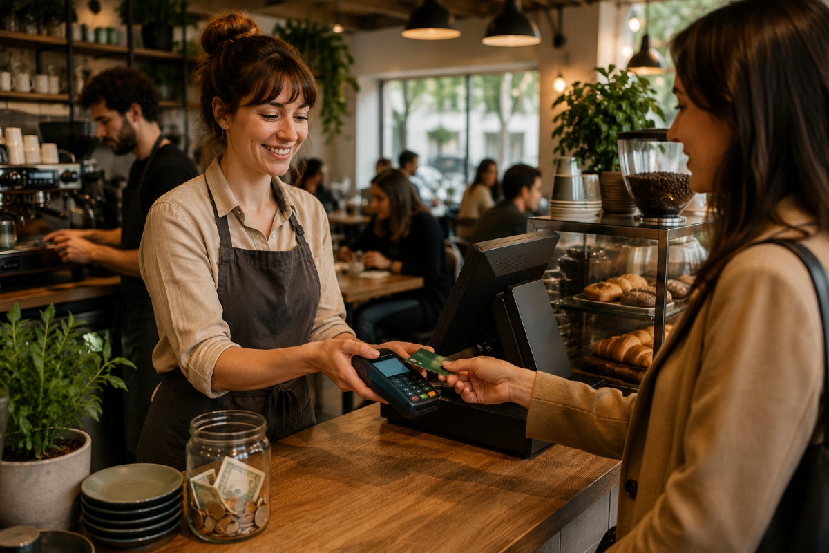 Café barista taking a contactless card payment from a customer at the counter
