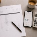 Merchant statement on a desk with one fee circled, next to a phone and a calculator
