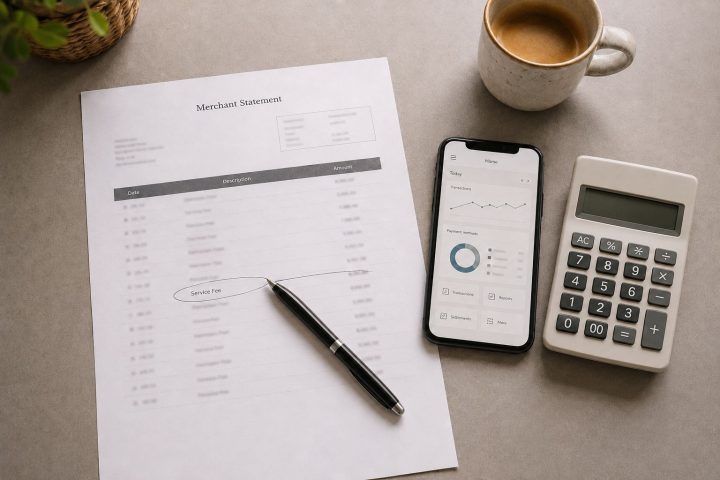 Merchant statement on a desk with one fee circled, next to a phone and a calculator