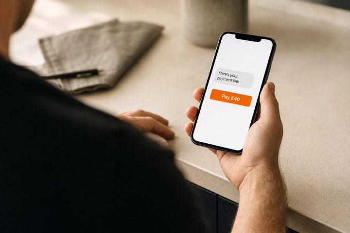 Customer looking at a payment link on their phone with a Pay £40 button