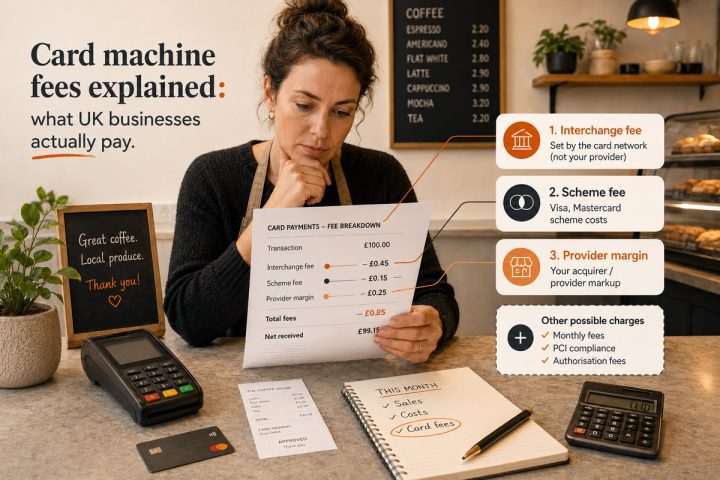 Card machine fees explained: a café owner reads a statement showing interchange, scheme and provider margin charges
