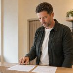 Business owner at a counter comparing two contract documents side by side
