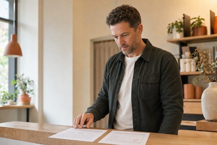 Business owner at a counter comparing two contract documents side by side